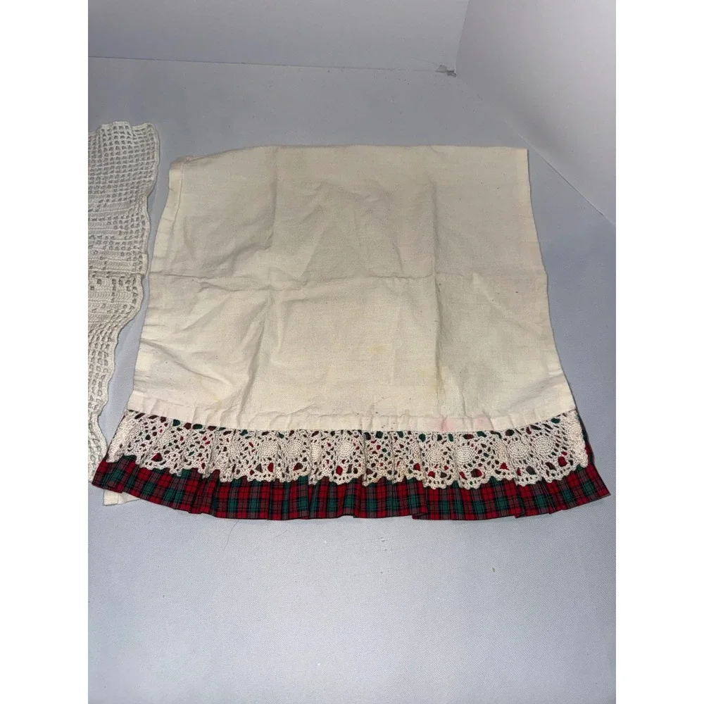 Vintage Crochet Rose Doily and Plaid Ruffle Dresser Scarf Lot Cream White 2pc